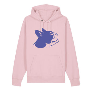 Blue outline illustration of the head of a Boston Terrier on the front of a cotton pink unisex Hoodie