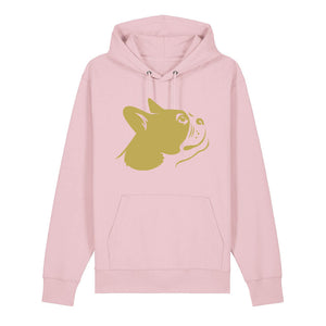 Gold outline illustration of the head of a Boston Terrier on the front of a cotton pink unisex Hoodie