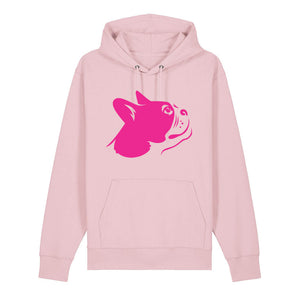 Magenta outline illustration of the head of a Boston Terrier on the front of a cotton pink unisex Hoodie