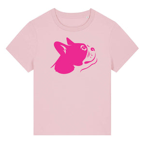 Magenta outline illustration of the head of a Boston Terrier on the front of a cotton pink ladies t-shirt