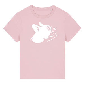 White outline illustration of the head of a Boston Terrier on the front of a cotton pink ladies t-shirt