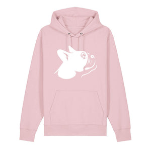 White outline illustration of the head of a Boston Terrier on the front of a cotton pink unisex Hoodie
