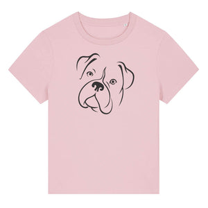Black outline illustration of the head of a Boxer dog on the front of a cotton pink ladies t-shirt