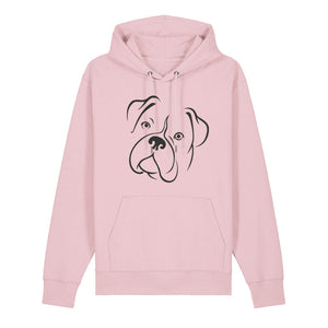 Black outline illustration of the head of a Boxer on the front of a cotton pink unisex Hoodie