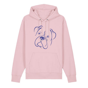 Blue outline illustration of the head of a Boxer on the front of a cotton pink unisex Hoodie