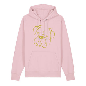Gold outline illustration of the head of a Boxer on the front of a cotton pink unisex Hoodie