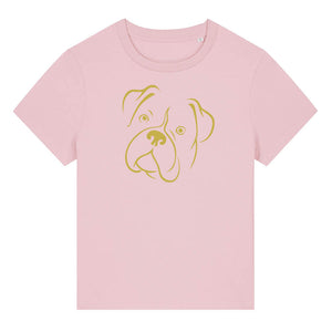 Gold outline illustration of the head of a Boxer dog on the front of a cotton pink ladies t-shirt