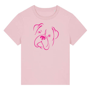 Magenta outline illustration of the head of a Boxer dog on the front of a cotton pink ladies t-shirt