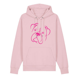 Magenta outline illustration of the head of a Boxer on the front of a cotton pink unisex Hoodie