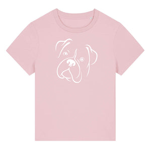 White outline illustration of the head of a Boxer dog on the front of a cotton pink ladies t-shirt