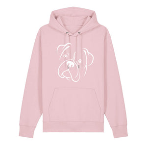 White outline illustration of the head of a Boxer on the front of a cotton pink unisex Hoodie