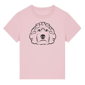 Black outline illustration of the head of a Cockapoo dog on the front of a cotton pink ladies t-shirt