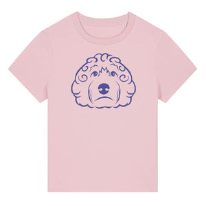 Blue outline illustration of the head of a Cockapoo dog on the front of a cotton pink ladies t-shirt