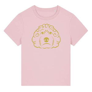 Gold outline illustration of the head of a Cockapoo dog on the front of a cotton pink ladies t-shirt