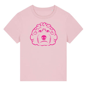 Magenta outline illustration of the head of a Cockapoo dog on the front of a cotton pink ladies t-shirt