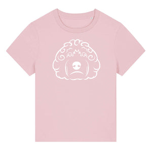 White outline illustration of the head of a Cockapoo dog on the front of a cotton pink ladies t-shirt