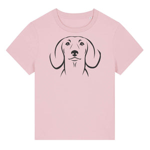 Black outline illustration of the head of a Dachshund on the front of a cotton pink ladies t-shirt