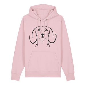Black outline illustration of the head of a Dachshund on the front of a cotton pink unisex Hoodie