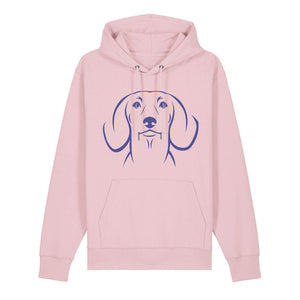 Blue outline illustration of the head of a Dachshund on the front of a cotton pink unisex Hoodie