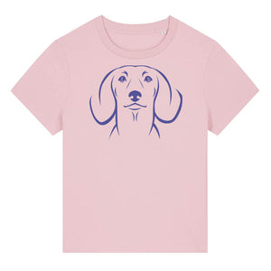 Blue outline illustration of the head of a Dachshund on the front of a cotton pink ladies t-shirt