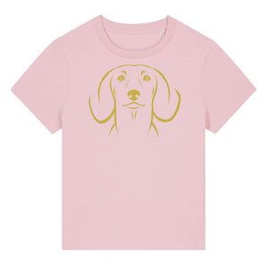 Gold outline illustration of the head of a Dachshund on the front of a cotton pink ladies t-shirt