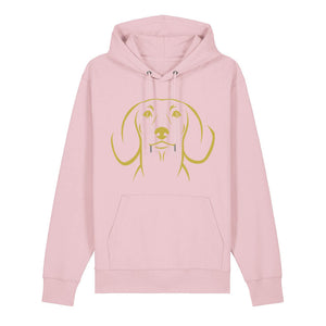 Gold outline illustration of the head of a Dachshund on the front of a cotton pink unisex Hoodie