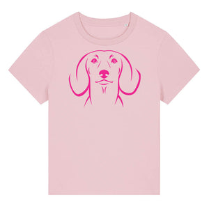 Magenta outline illustration of the head of a Dachshund on the front of a cotton pink ladies t-shirt
