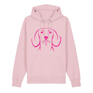 Magenta outline illustration of the head of a Dachshund on the front of a cotton pink unisex Hoodie