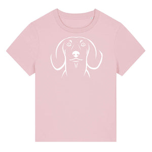 White outline illustration of the head of a Dachshund on the front of a cotton pink ladies t-shirt