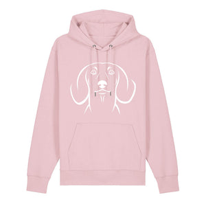 White outline illustration of the head of a Dachshund on the front of a cotton pink unisex Hoodie