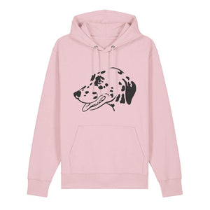 Black outline illustration of the head of a Dalmatian on the front of a cotton pink unisex Hoodie