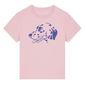 Blue outline illustration of the head of a Dalmatian on the front of a cotton pink ladies t-shirt