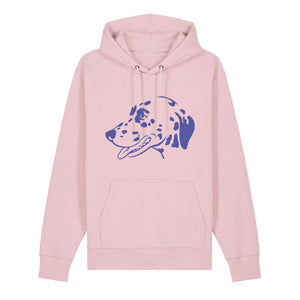 Blue outline illustration of the head of a Dalmatian on the front of a cotton pink unisex Hoodie