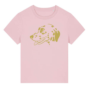 Gold outline illustration of the head of a Dalmatian on the front of a cotton pink ladies t-shirt