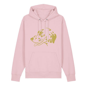 Gold outline illustration of the head of a Dalmatian on the front of a cotton pink unisex Hoodie