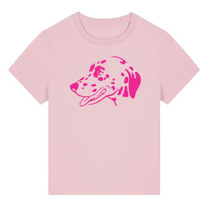 Magenta outline illustration of the head of a Dalmatian on the front of a cotton pink ladies t-shirt