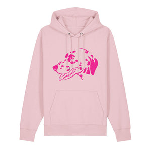 Magenta outline illustration of the head of a Dalmatian on the front of a cotton pink unisex Hoodie