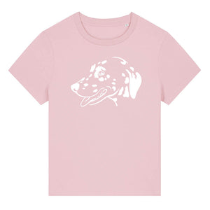 White outline illustration of the head of a Dalmatian on the front of a cotton pink ladies t-shirt
