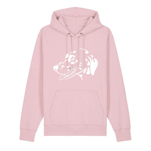 White outline illustration of the head of a Dalmatian on the front of a cotton pink unisex Hoodie