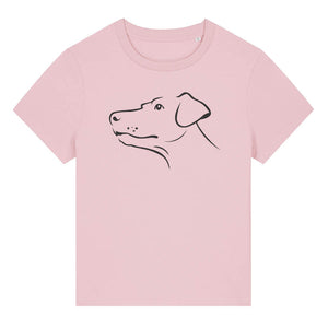 Black outline illustration of the head of a Dobermann on the front of a cotton pink ladies t-shirt