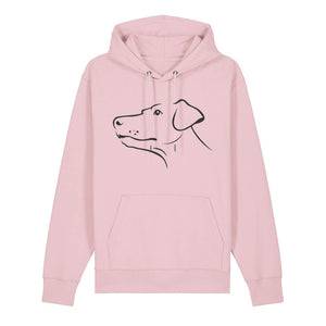 Black outline illustration of the head of a Dobermann on the front of a cotton pink unisex Hoodie