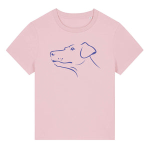 Blue outline illustration of the head of a Dobermann on the back of a cotton pink ladies t-shirt