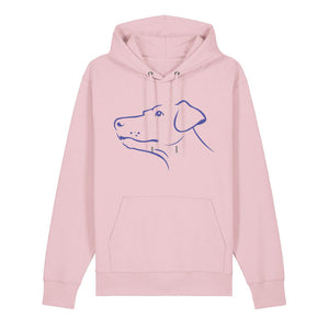 Blue outline illustration of the head of a Dobermann on the front of a cotton pink unisex Hoodie