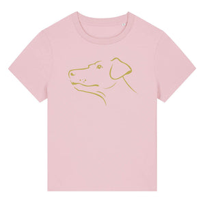 Gold outline illustration of the head of a Dobermann on the front of a cotton pink ladies t-shirt