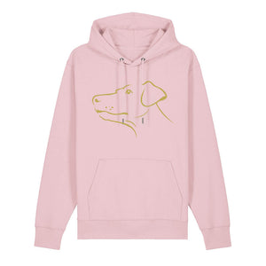 Gold outline illustration of the head of a Dobermann on the front of a cotton pink unisex Hoodie
