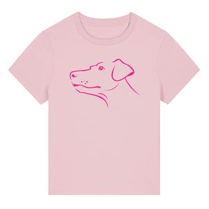 Magenta outline illustration of the head of a Dobermann on the front of a cotton pink ladies t-shirt