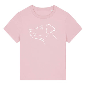 White outline illustration of the head of a Dobermann on the front of a cotton pink ladies t-shirt