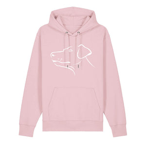 White outline illustration of the head of a Dobermann on the front of a cotton pink unisex Hoodie