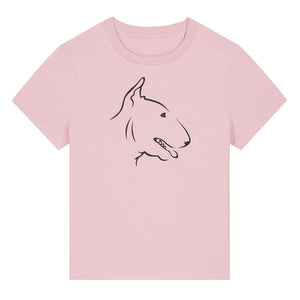 Black outline illustration of the head of a English Bull Terrier on the front of a cotton pink ladies t-shirt