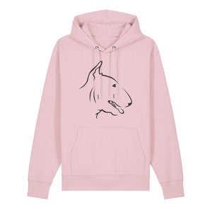 Black outline illustration of the head of an English Bull Terrier on the front of a cotton pink unisex Hoodie